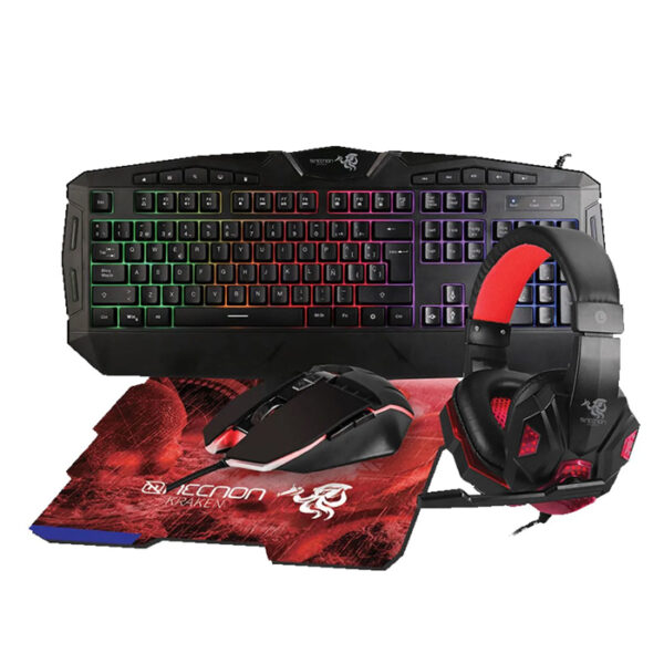 KIT GAMING 4 EN 1 NECNON (NGC-KRAKEN-RJ) TECLADO COMPLETO,DIADEMA,MOUSEPAD,MOUSE 3200DPI,ROJO