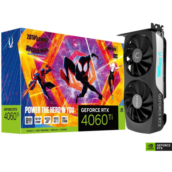 TARJETA DE VIDEO ZOTAC (ZT-D40610H-10SMP) RTX4060TI 8GB OC SPIDER MAN,PCI-E 4.0,1*HDMI,3*DP,2*FAN