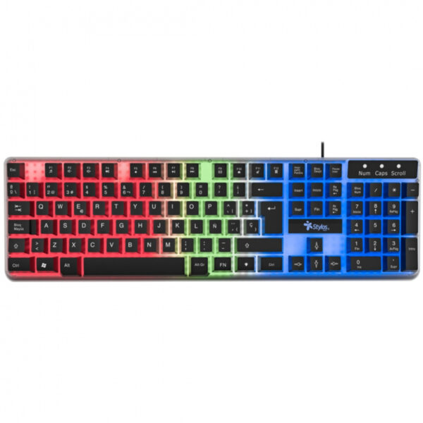TECLADO ALAMBRICO STYLOS (STTEALLED1T) 105 TECLAS, MEMBRANA, USB, LED, TRANSPARENTE
