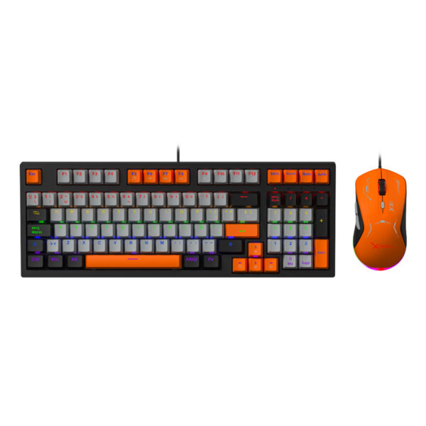 KIT TECLADO Y MOUSE MECANICO XZEAL (XZPKT1NG), 98 TECLAS,MOUSE 6 BOTONES,7200DPI,NARANJA/GRIS, RGB