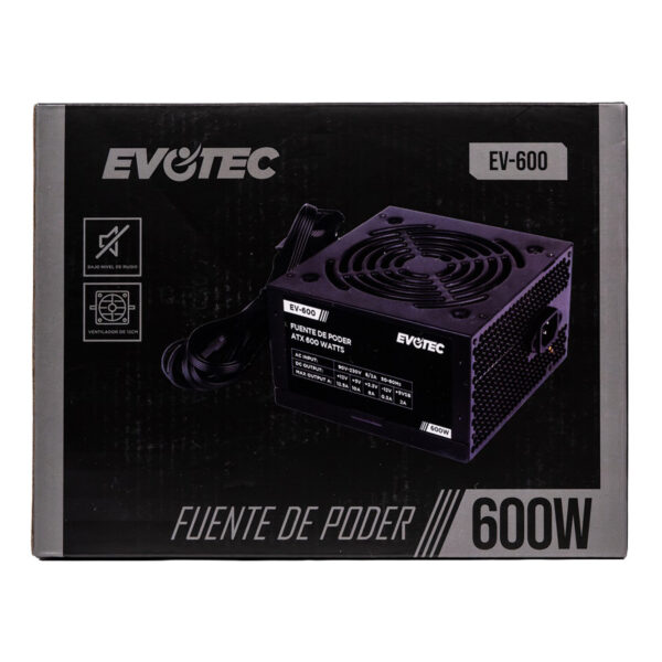 FUENTE DE PODER EVOTEC (EV-600) 600W,24 PINES,2 SATA, FLOPPY, MOLEX, PAQUETE INDIVIDUAL