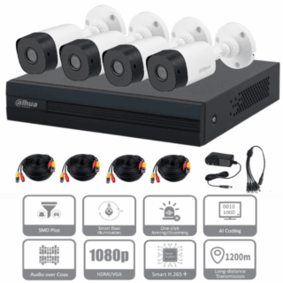 KIT DVR 4 CH DAHUA (KITXVR1B04-I+4B1A21) 2 MEGAPIXELES DVR,B1A21 1080P,4 CH+1 IP O 5 IP
