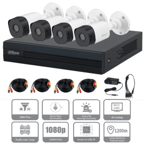 KIT DVR 4 CH DAHUA (KITXVR1B04-I+4B1A21) 2 MEGAPIXELES DVR,B1A21 1080P,4 CH+1 IP O 5 IP