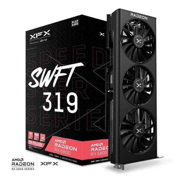 TARJETA DE VIDEO XFX (RX-68XLAQFD9) SPEEDSTER SWFT 319 AMD RX 6800 CORE,16GB GDDR6,2015MHZ,3*DP,HDMI