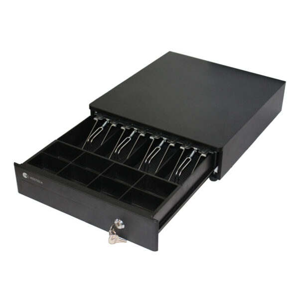 CAJON DE DINERO STYLOS (HTPOSCD1B) HOSTECH HT-300, 4*BILLETES, 8*MONEDAS, CABLE RJ11, ACERO, NEGRO - Image 2