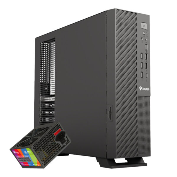 GABINETE STYLOS (STGAMN1B) MINCE, SLIM MINI-ITX, USB 3.0, USB TIPO C, FUENTE 550W, NEGRO
