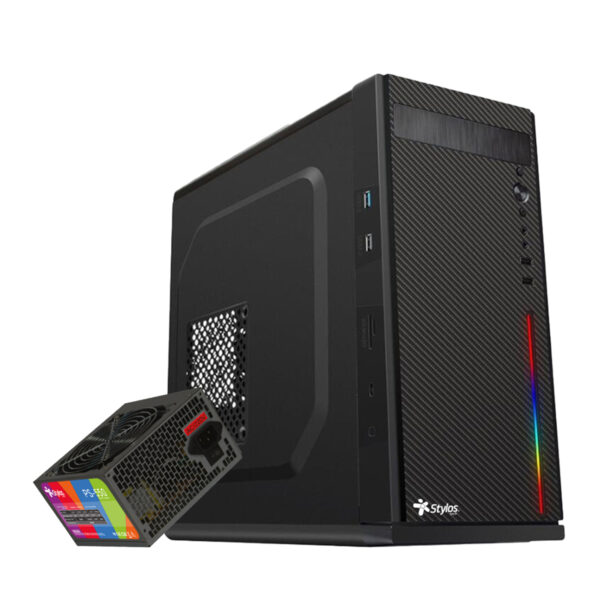 GABINETE STYLOS (STGASC1B) SECAI, MICRO ATX, 2*USB 1.0, 1*USB 3.0, RGB, FUENTE 550W, NEGRO