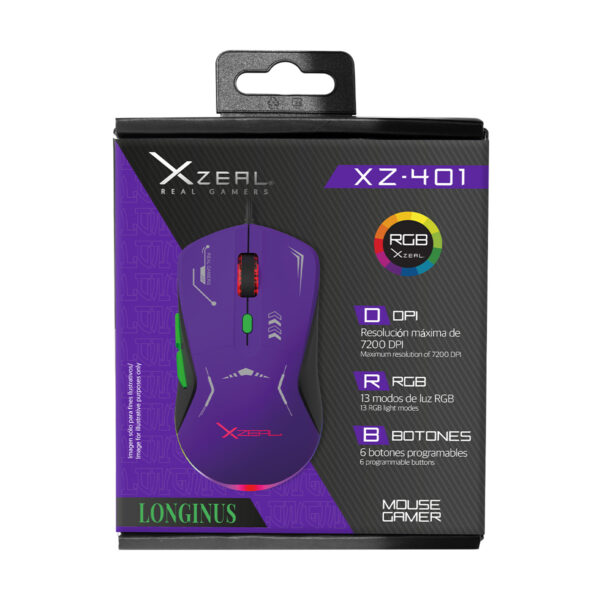 MOUSE XZEAL (XZPM1MV) XZ-401, 6 BOTONES, RGB, 7200DPI, USB 1.5 M, MORADO-VERDE - Image 3