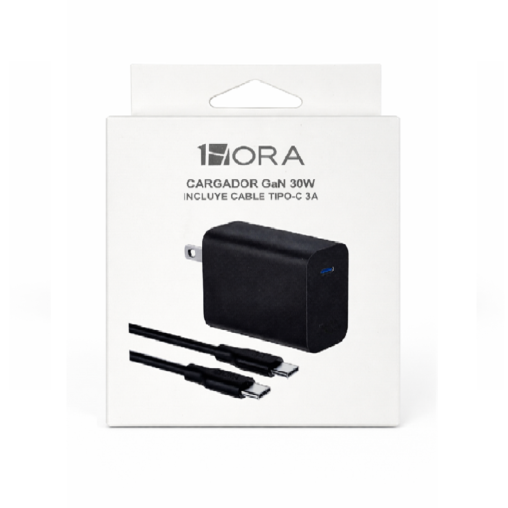 1HORA GAR165 CARGADOR GAN 30W DE 2 PUERTOS C/CABLE TIPO-C 3A