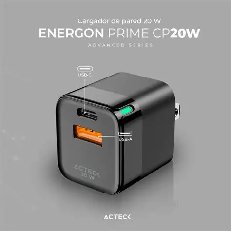 ENERGON PRIME CP20W AC-935555 CARGADOR 20W ACTECK 2 PUERTOS (1USB-C 1USB-A)