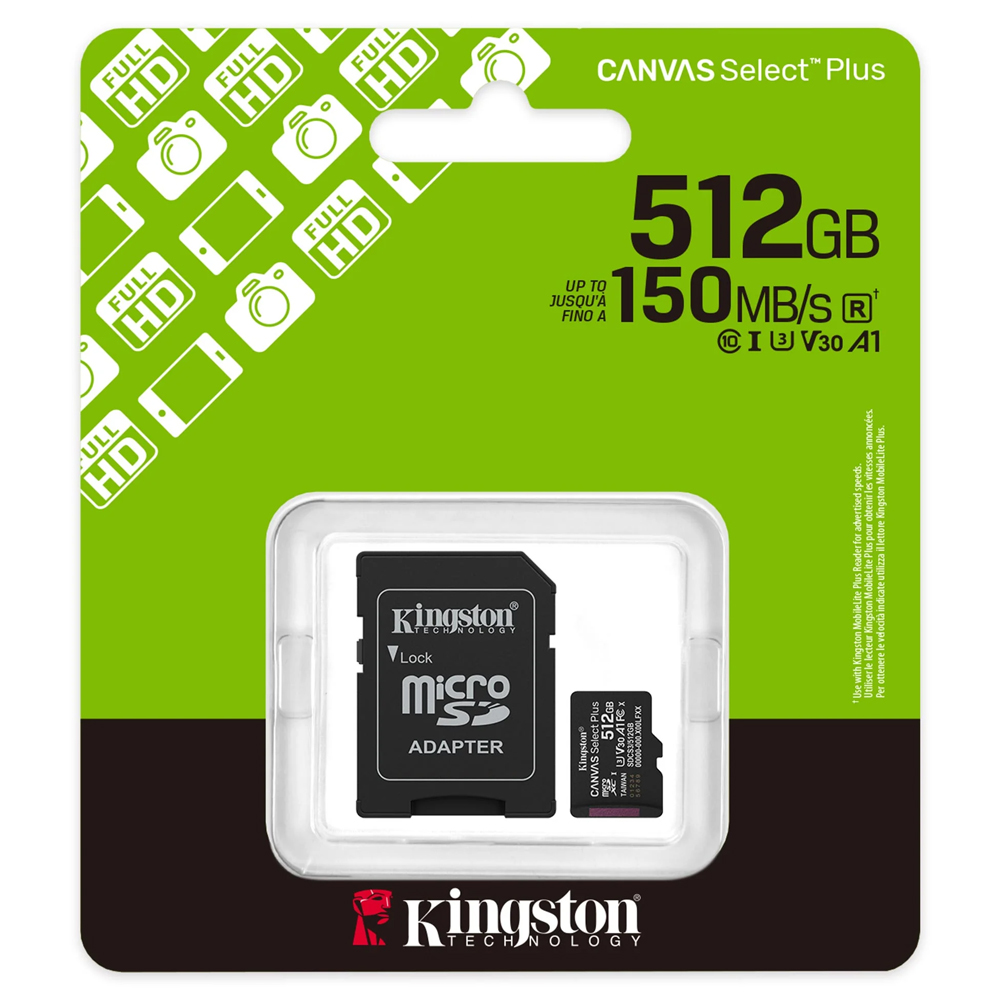 MEMORIA MICROSD SDXC KINGSTON 512GB (SDCS3/512GB) CANVAS SELECT PLUS, CLASE 10 C/ADAPTADOR