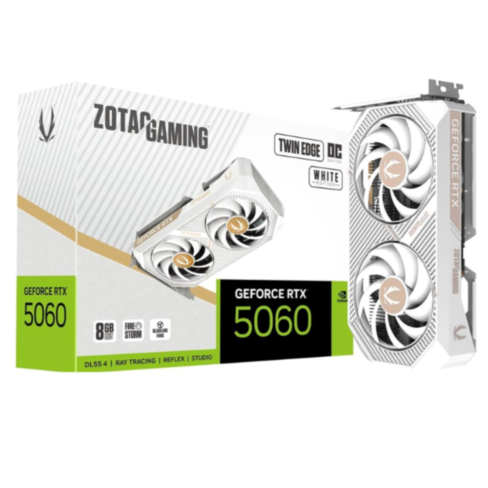 TARJETA DE VIDEO ZOTAC (ZT-B50600Q-10M) RTX 5060 TWIN EDGE OC WHITE 8GB GDDR7,2527MHZ,PCIE5,HDMI,3*DP,2*FAN
