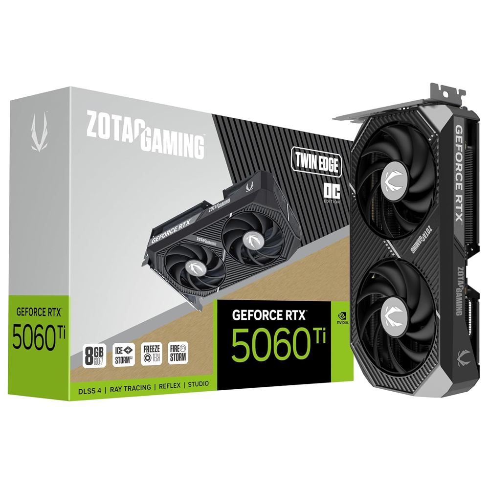 RTX 5060 TI 8GB TWIN EDGE ZOTAC GAMING TARJETA GRAFICA NVIDIA, 2X FANS, GDDR7, 128-BIT
