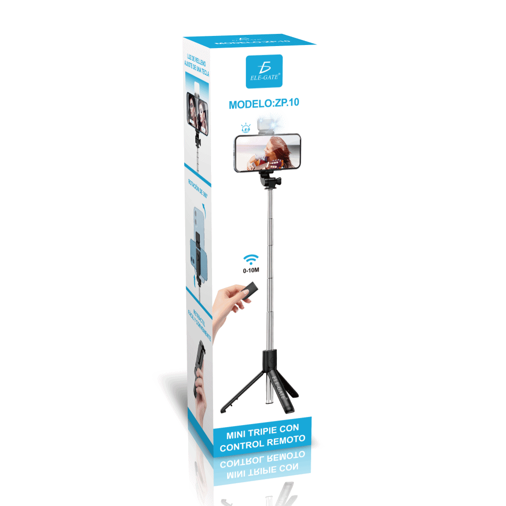 ZP.10 ELEGATE MINI TRIPIE SELFIE STICK CON LUZ LED Y CONTROL REMOTO